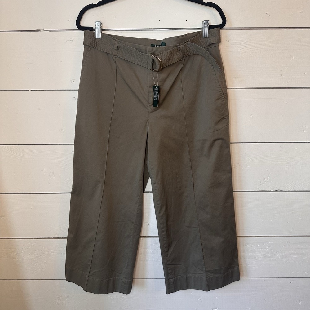 Lauren Ralph Lauren Taupe Brienda Wide Leg Belted Capri Cropped Twill Pants 10
